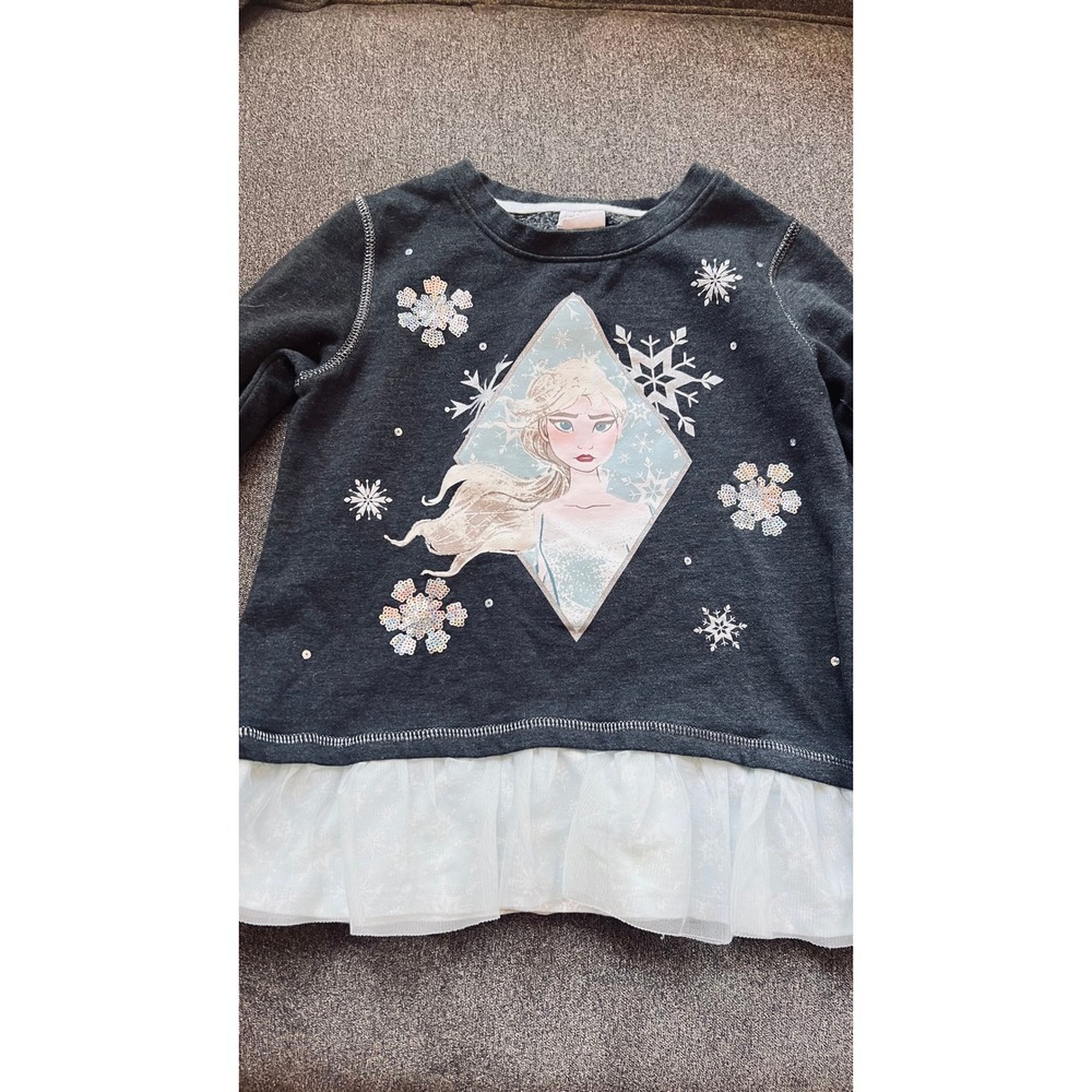 Disney Frozen II Sweatshirt Kids 7/8 Grey Elsa Sequin Tulle Hem Top